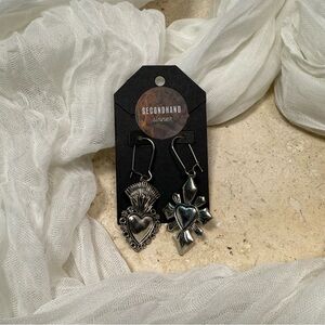 Silver Sacred Heart & Cross Dangle Earrings | Gothic